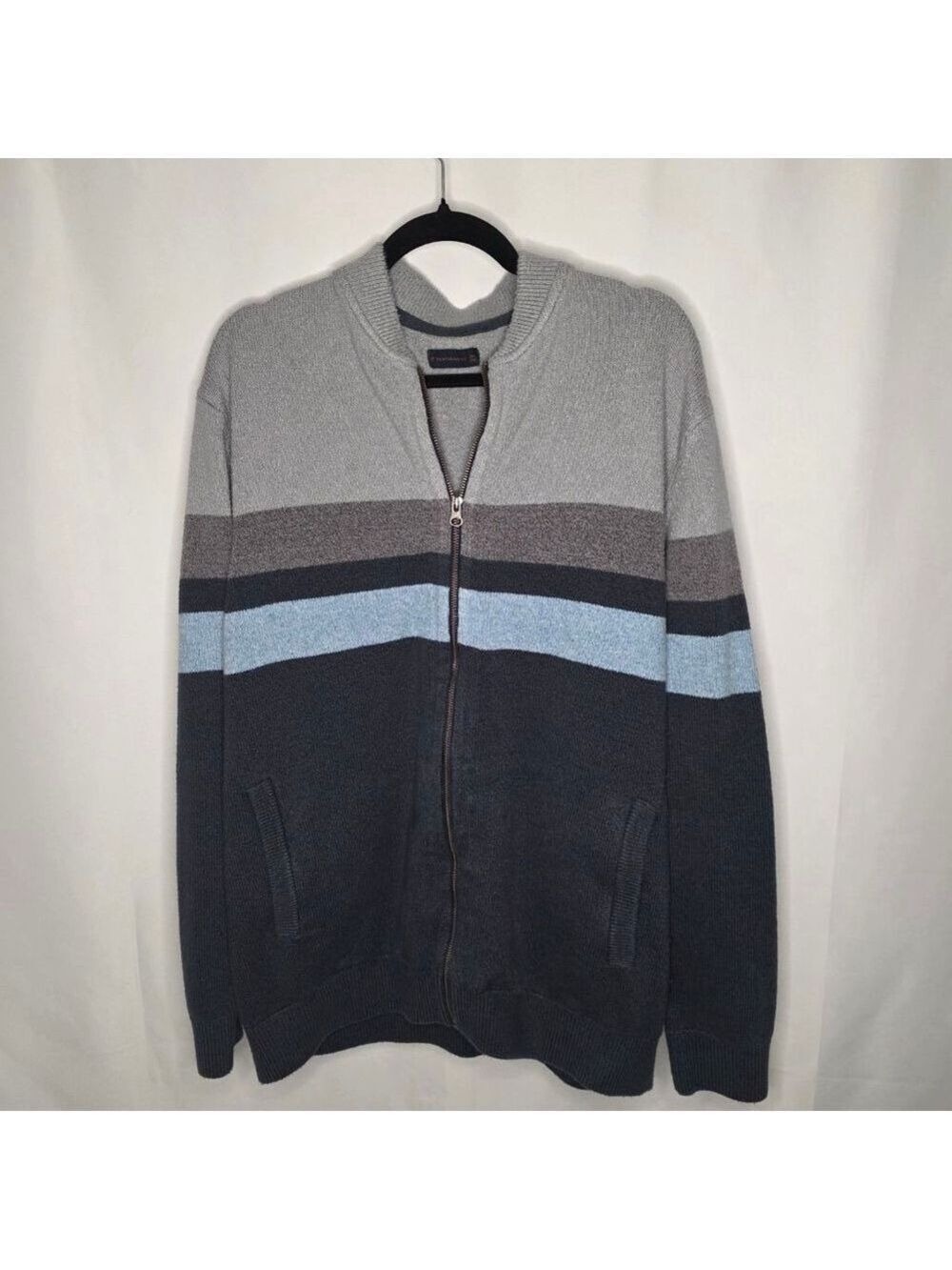Men's DENVER HAYES Zip Up Sweater XXL Gray Blue Striped